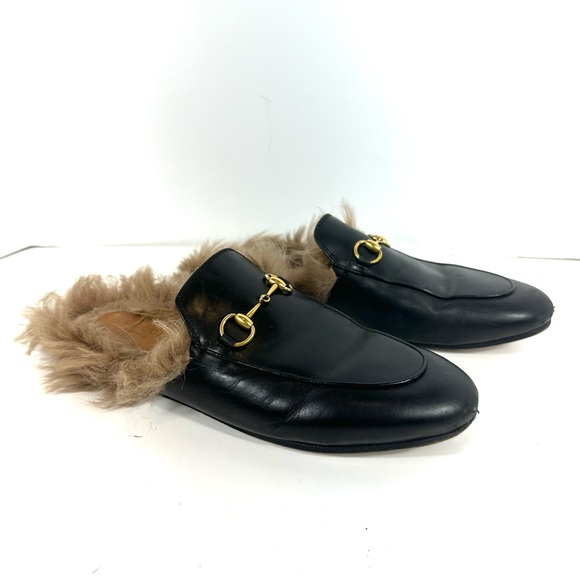 Gucci Princeton Black Leather Fur Horsebit Gold Detail Slip On Mules 39.5 US 9.5 - Picture 2 of 15